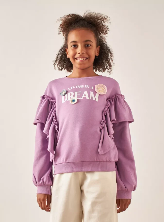 Juniors Floral Applique Sweatshirt with Ruffle Detail and Long Sleeves-1