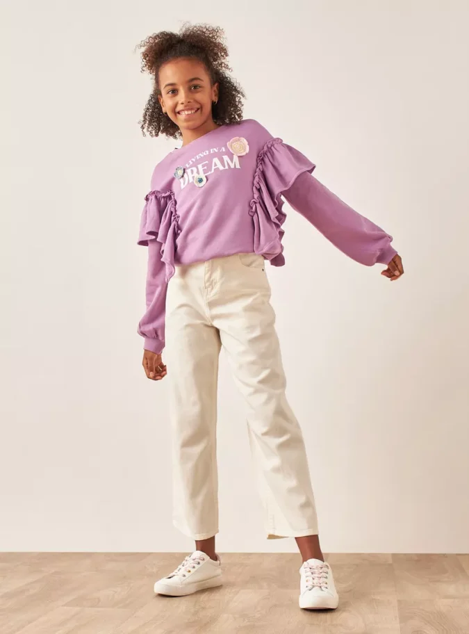 Juniors Floral Applique Sweatshirt with Ruffle Detail and Long Sleeves-2