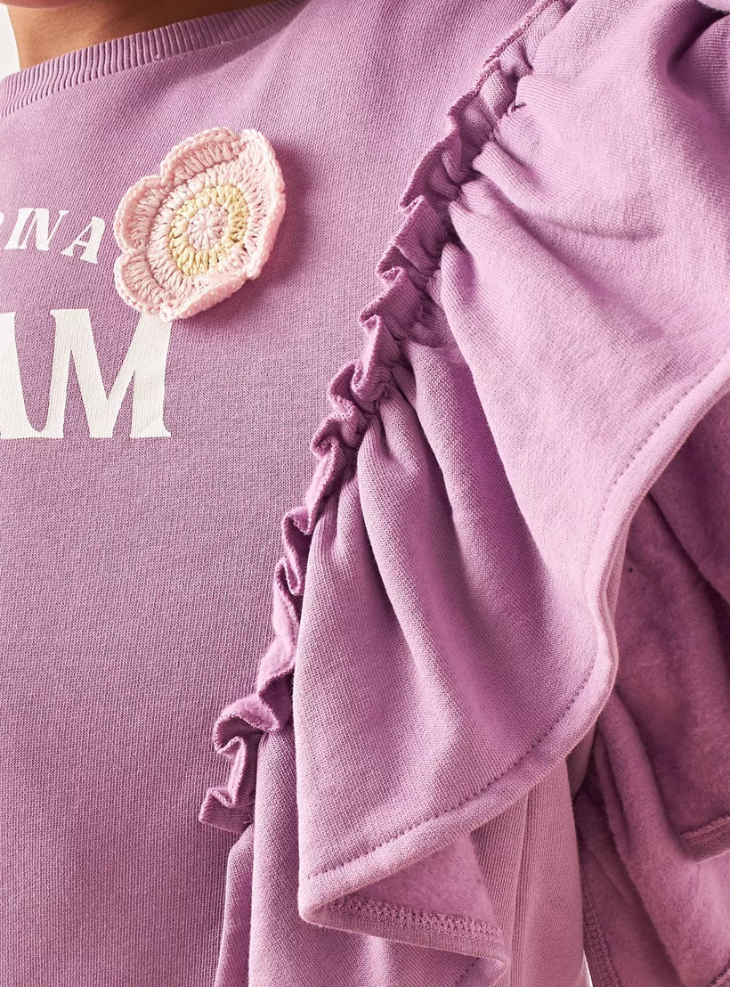 Juniors Floral Applique Sweatshirt with Ruffle Detail and Long Sleeves-3