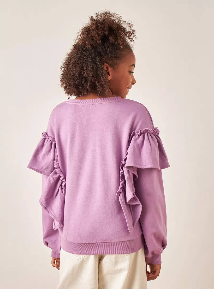 Juniors Floral Applique Sweatshirt with Ruffle Detail and Long Sleeves-4
