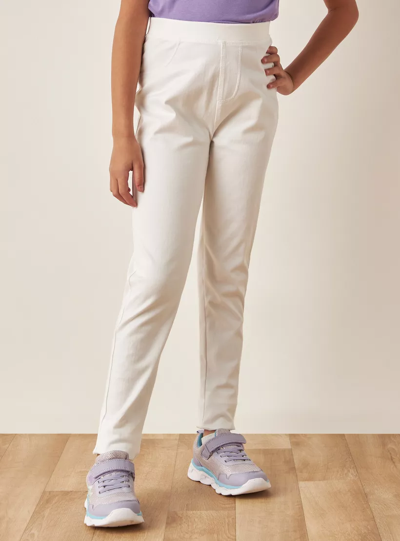 Juniors Solid Denim Jeggings with Elasticated Waistband-1