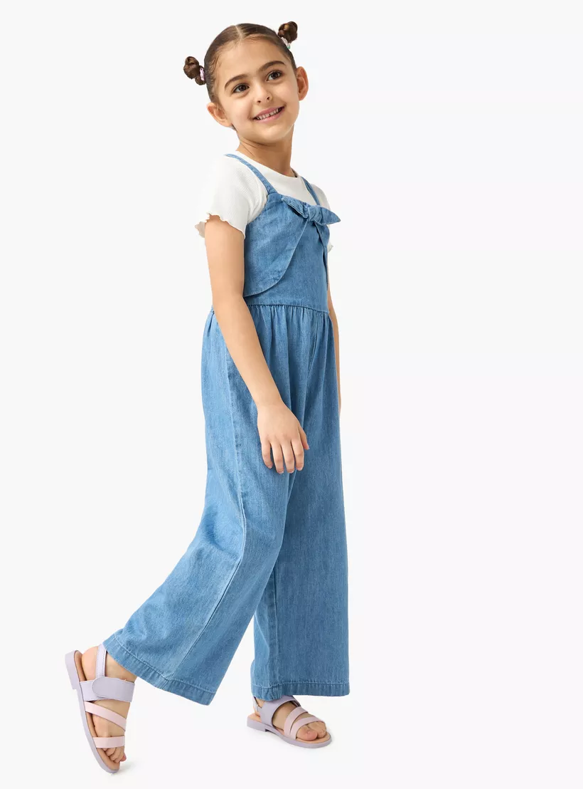 Juniors Solid Dungaree and Ribbed T-shirt Set-2