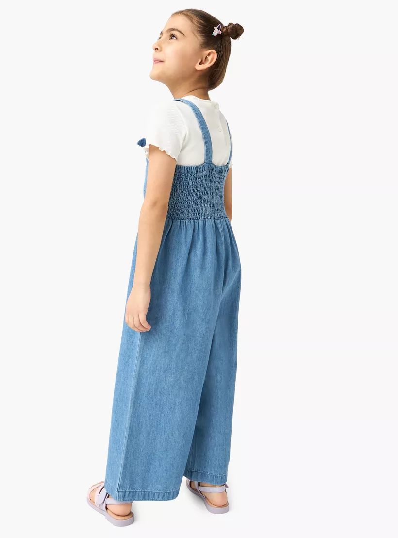 Juniors Solid Dungaree and Ribbed T-shirt Set-3