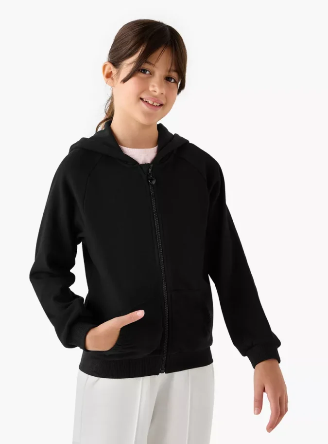 Juniors Solid Zip-Through Hoodie with Long Sleeves-1