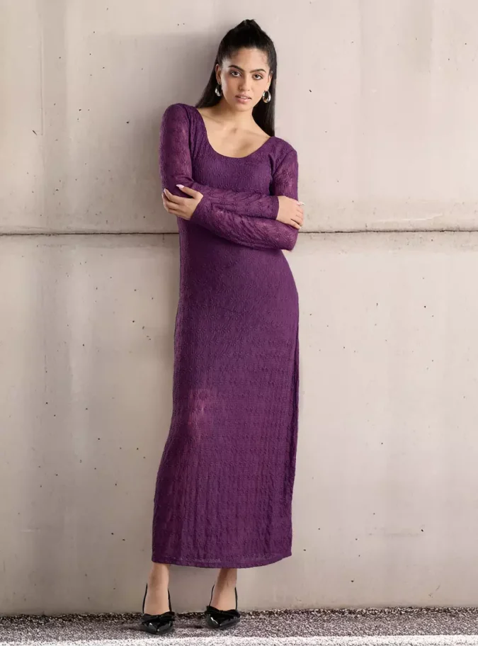 Lace Detail Dress with Long Sleeves-1