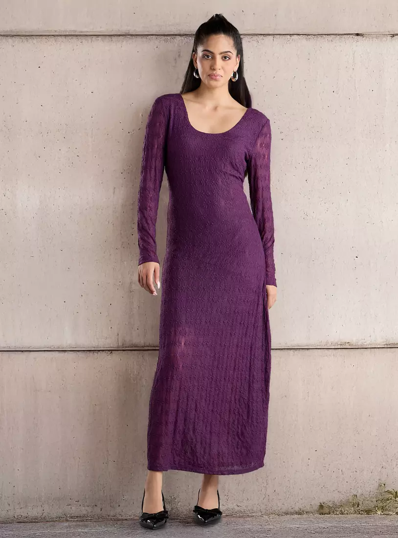 Lace Detail Dress with Long Sleeves-4