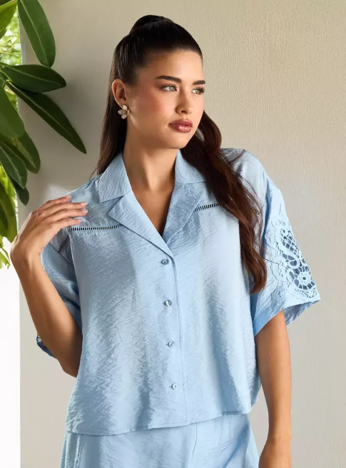 Lace Detail Textured Shirt with Camp Collar-1