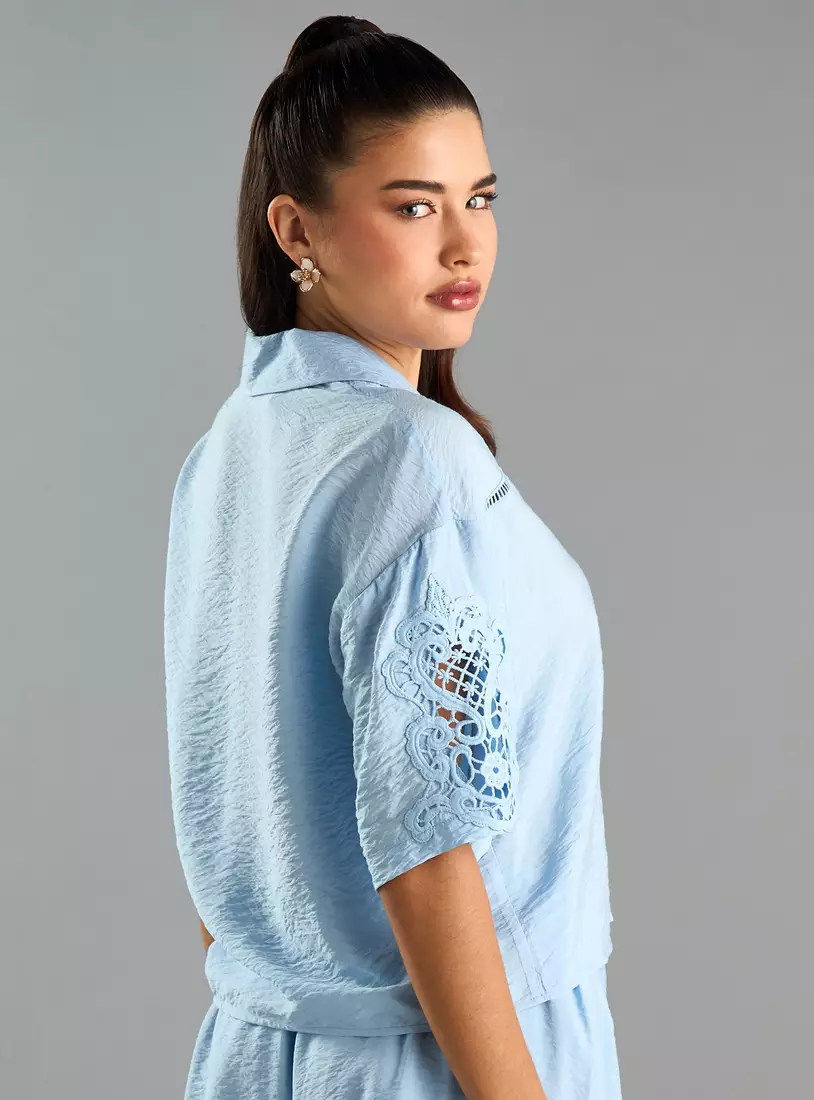 Lace Detail Textured Shirt with Camp Collar-2