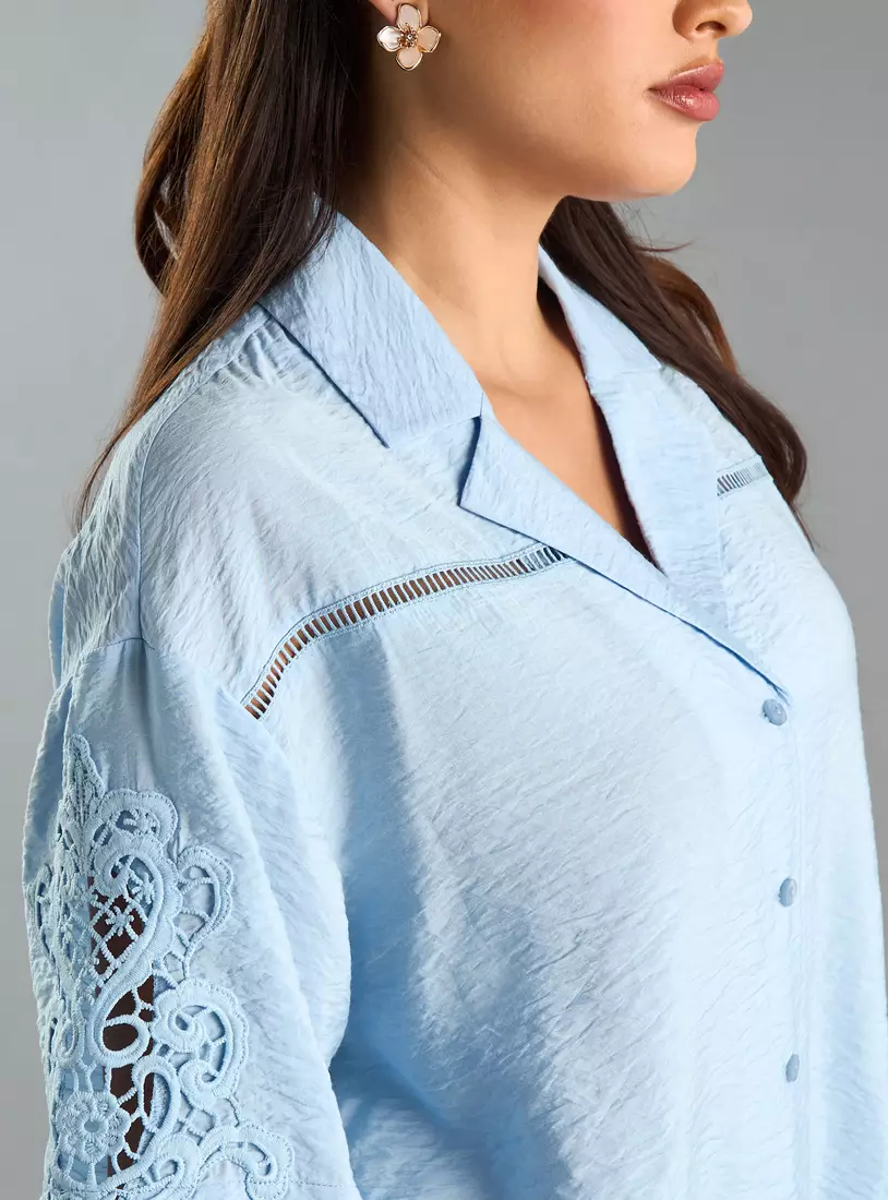 Lace Detail Textured Shirt with Camp Collar-3