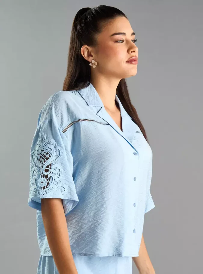 Lace Detail Textured Shirt with Camp Collar-4