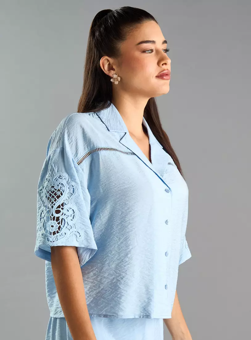 Lace Detail Textured Shirt with Camp Collar-4