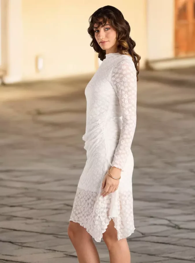 Lace Textured Dress with Asymmetrical Hemline-2