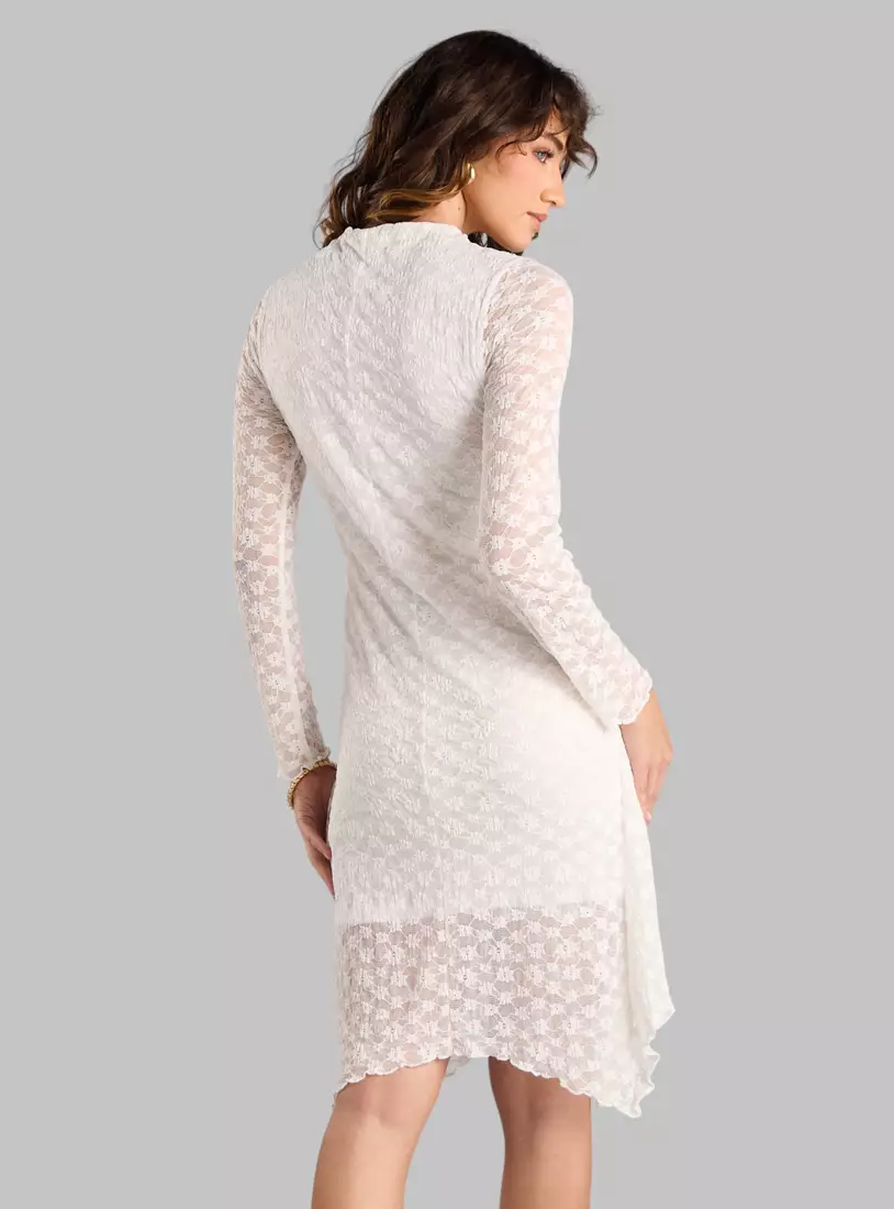 Lace Textured Dress with Asymmetrical Hemline-3
