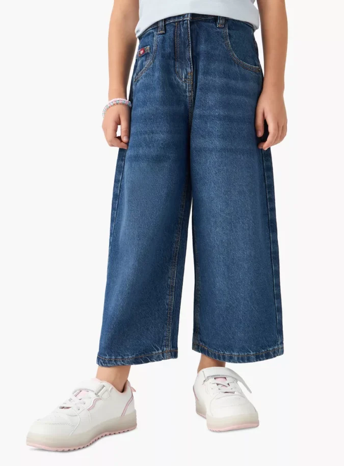 Lee Cooper Girls Solid Wide Leg Jeans with Pockets-1