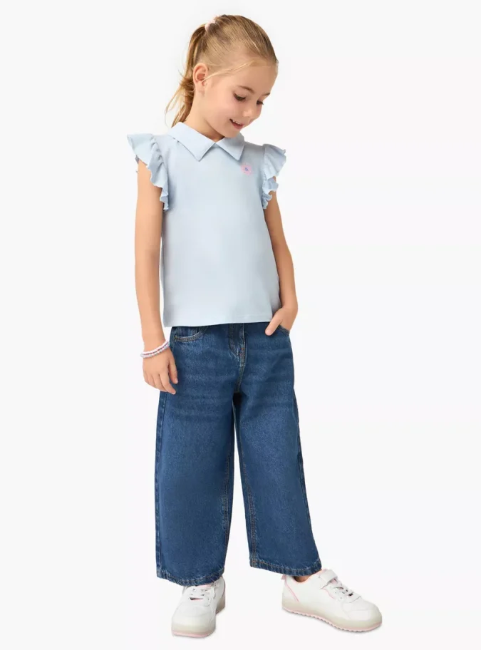 Lee Cooper Girls Solid Wide Leg Jeans with Pockets-2