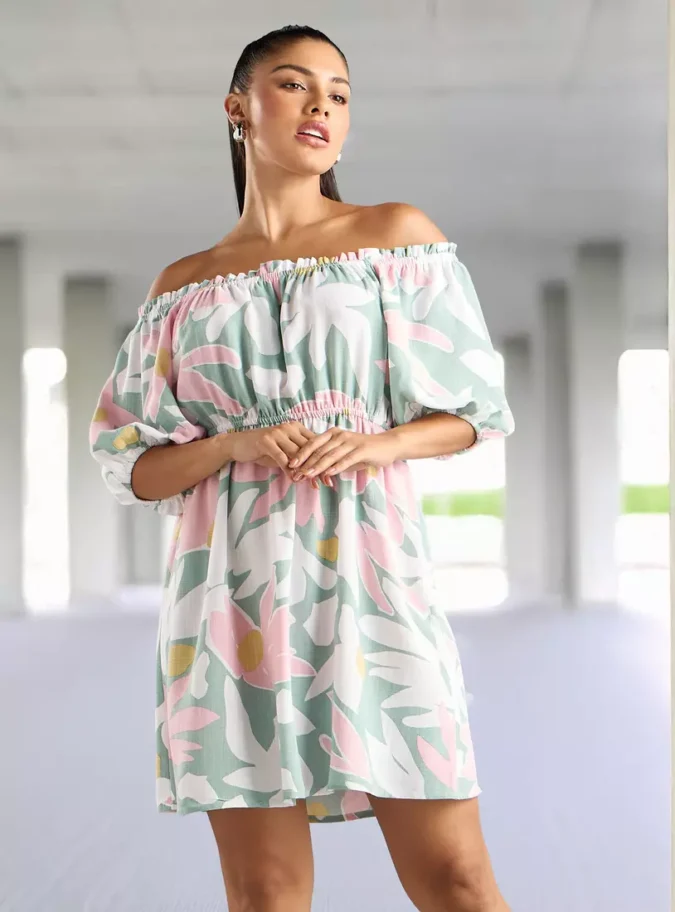 Linen Blend Printed Off Shoulder Mini Dress-1