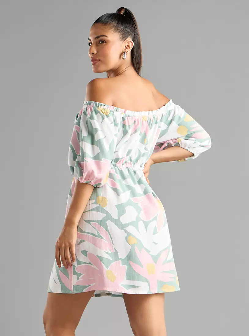 Linen Blend Printed Off Shoulder Mini Dress-2