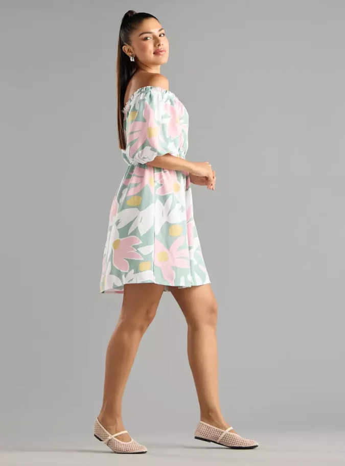 Linen Blend Printed Off Shoulder Mini Dress-3