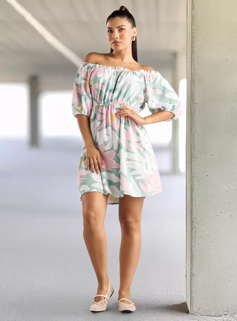 Linen Blend Printed Off Shoulder Mini Dress-4