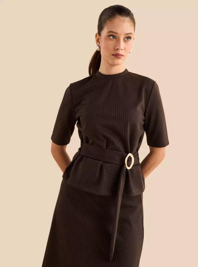 Lurex Ruched Top with Belt Accent-1
