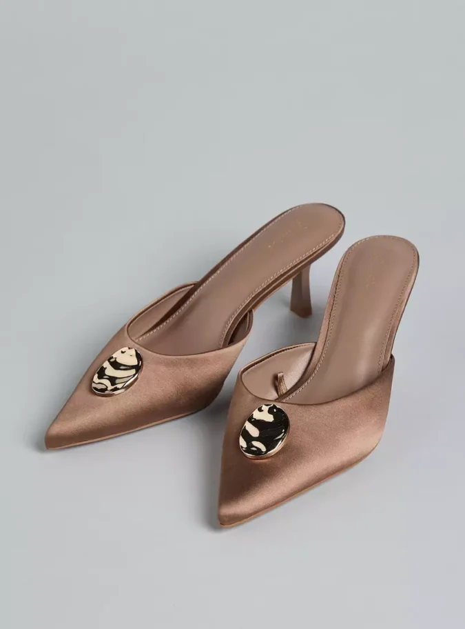 Metal Accent Pointed Toe Slip-On Shoes with Stiletto Heels-1