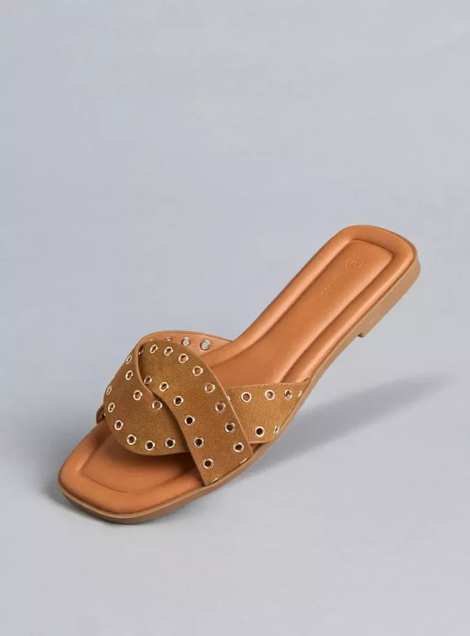 Metallic Eyelet Detail Slip-On Flat Sandals-1