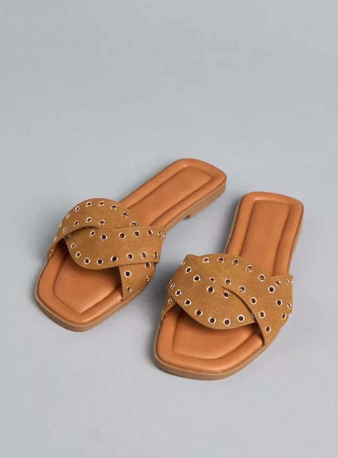 Metallic Eyelet Detail Slip-On Flat Sandals2