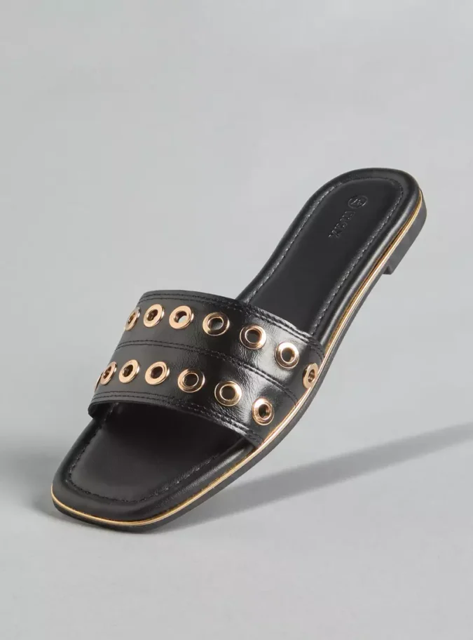 Metallic Eyelet Detail Slip-On Sandals-1