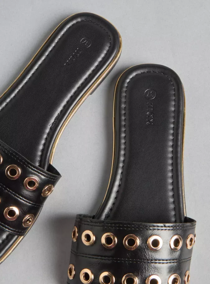 Metallic Eyelet Detail Slip-On Sandals-2