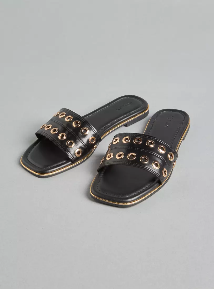 Metallic Eyelet Detail Slip-On Sandals-3