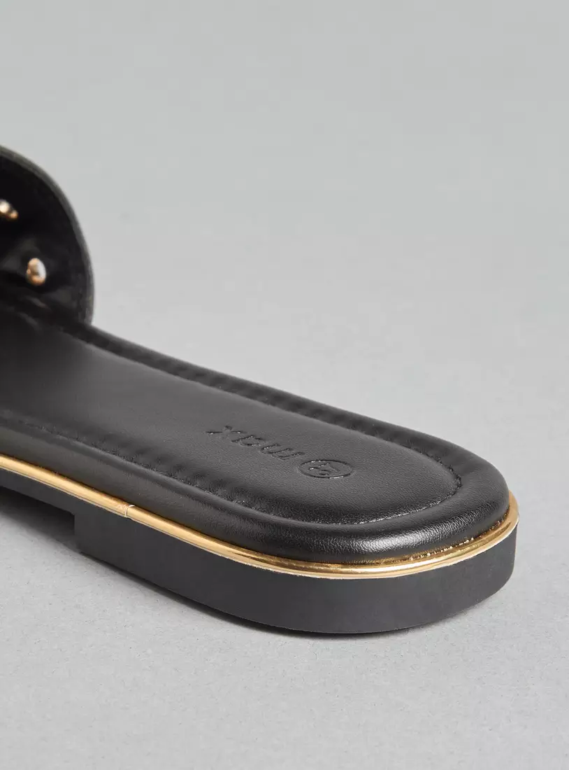 Metallic Eyelet Detail Slip-On Sandals-4