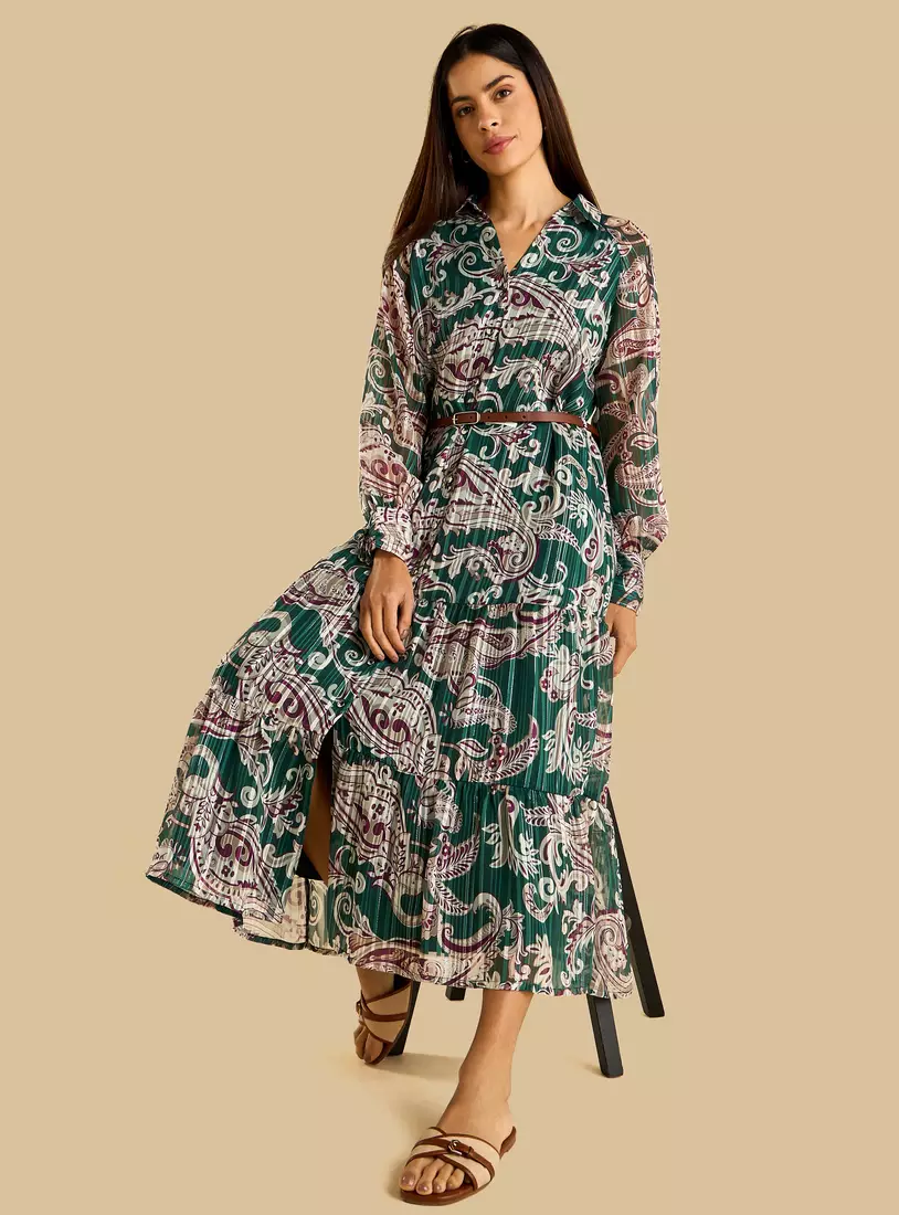 Paisley Print Belted Shirt Dress-4