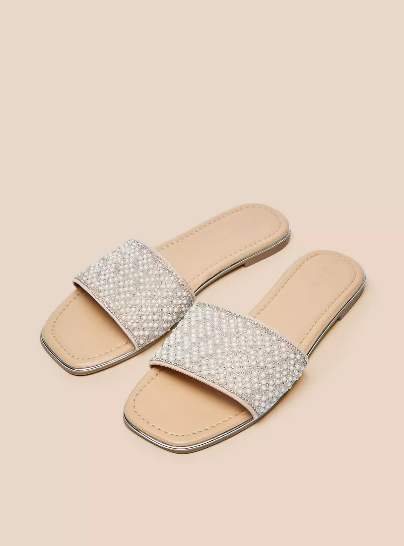 Pearl Embellished Slip-On Slide Sandals-2