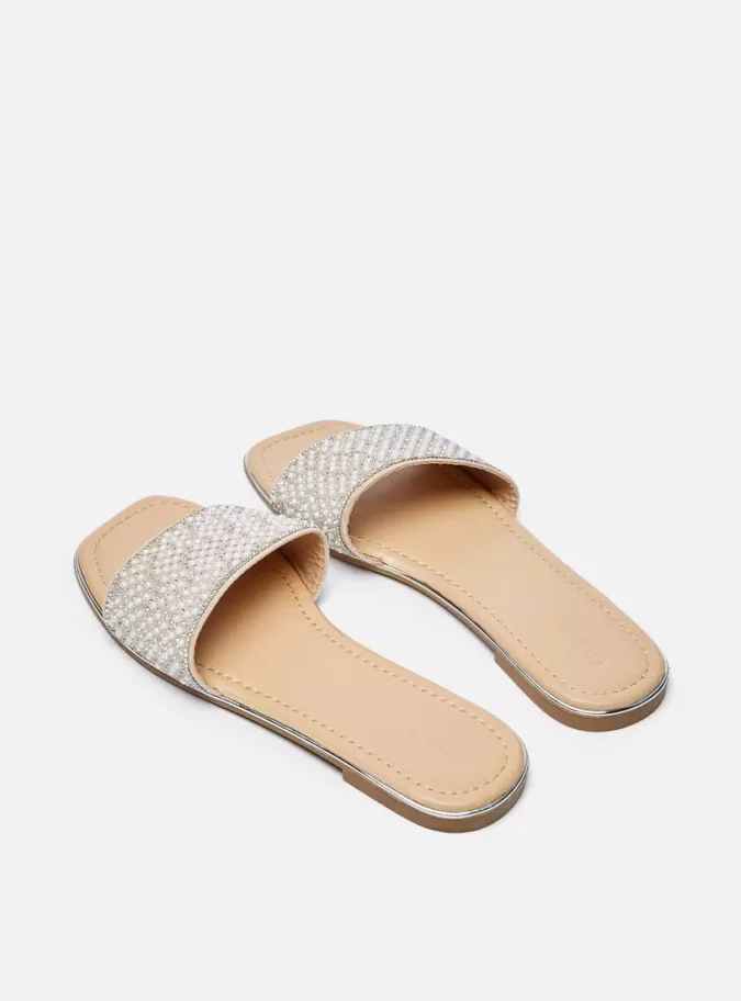 Pearl Embellished Slip-On Slide Sandals-3