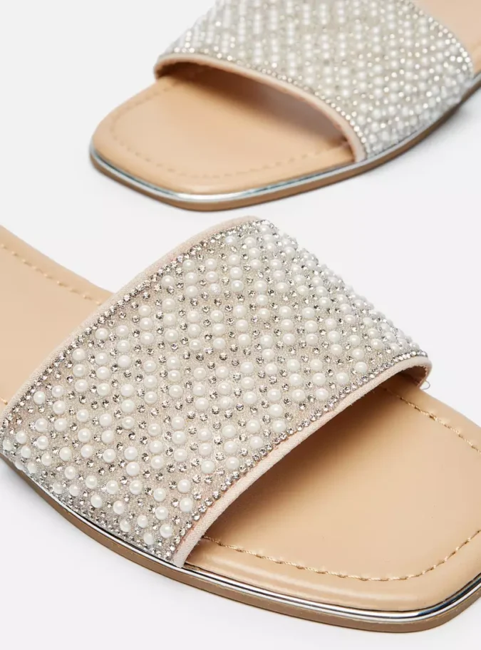 Pearl Embellished Slip-On Slide Sandals-4