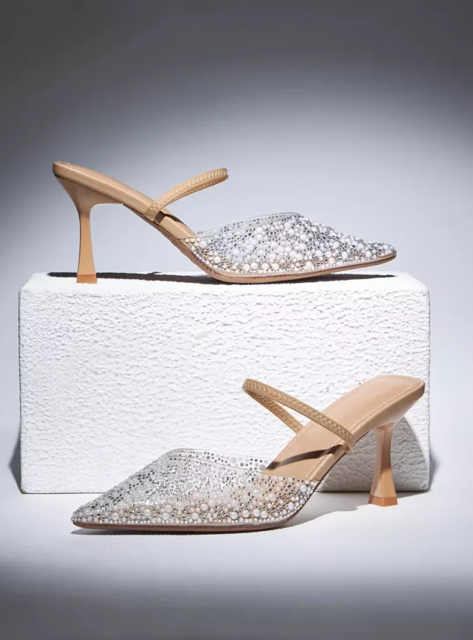 Pearl Studded Slip-On Mule Sandals with Stiletto Heels-2