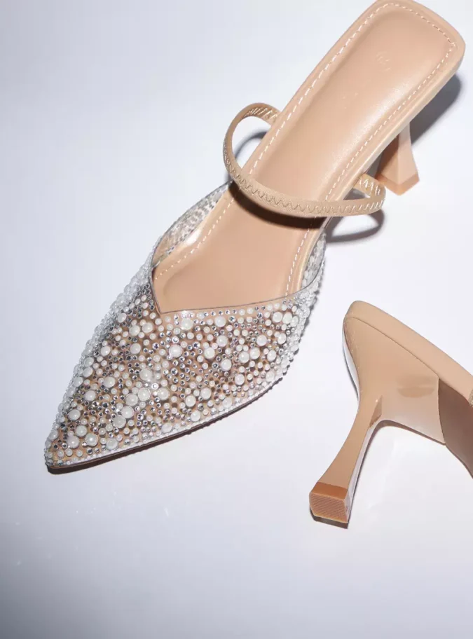 Pearl Studded Slip-On Mule Sandals with Stiletto Heels-4