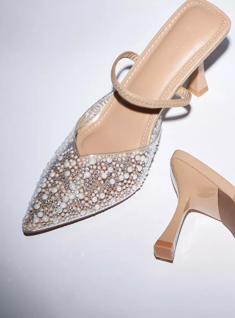 Pearl Studded Slip-On Mule Sandals with Stiletto Heels-4