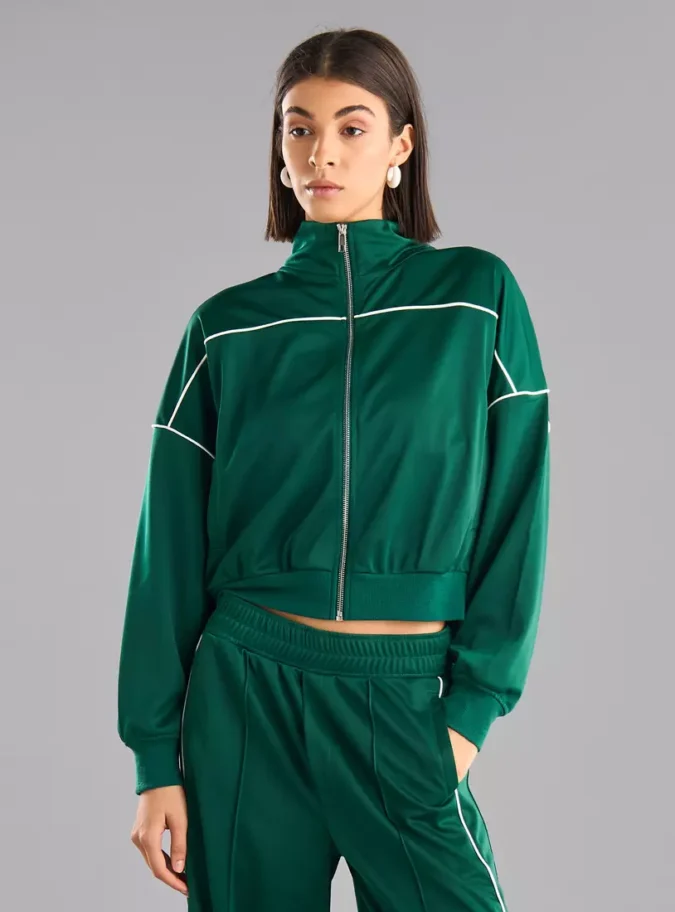 Piping Detail Zip Through High Neck Jacket-1