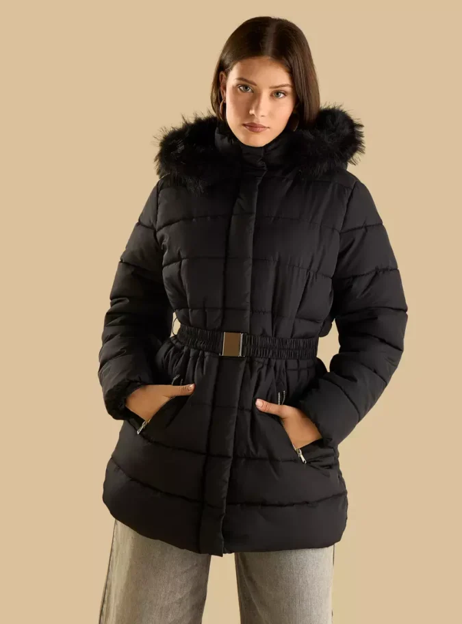 Plain Belted Puffer Jacket with Hood-5