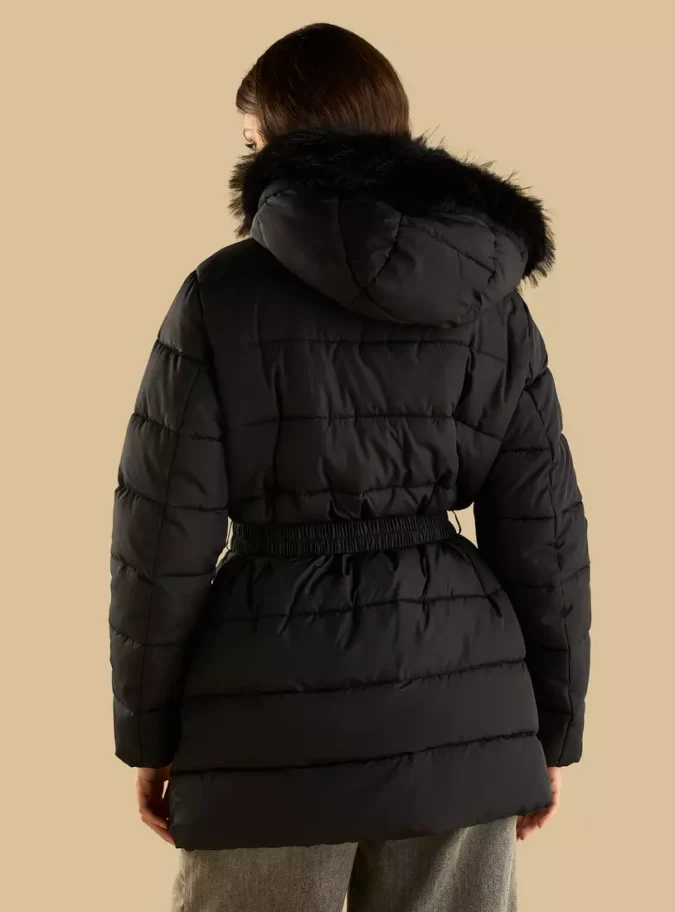 Plain Belted Puffer Jacket with Hood-6