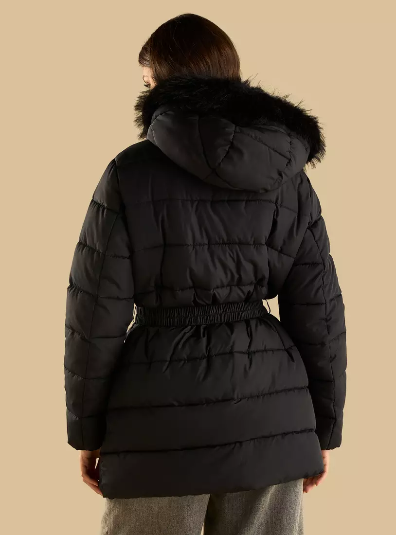 Plain Belted Puffer Jacket with Hood-6
