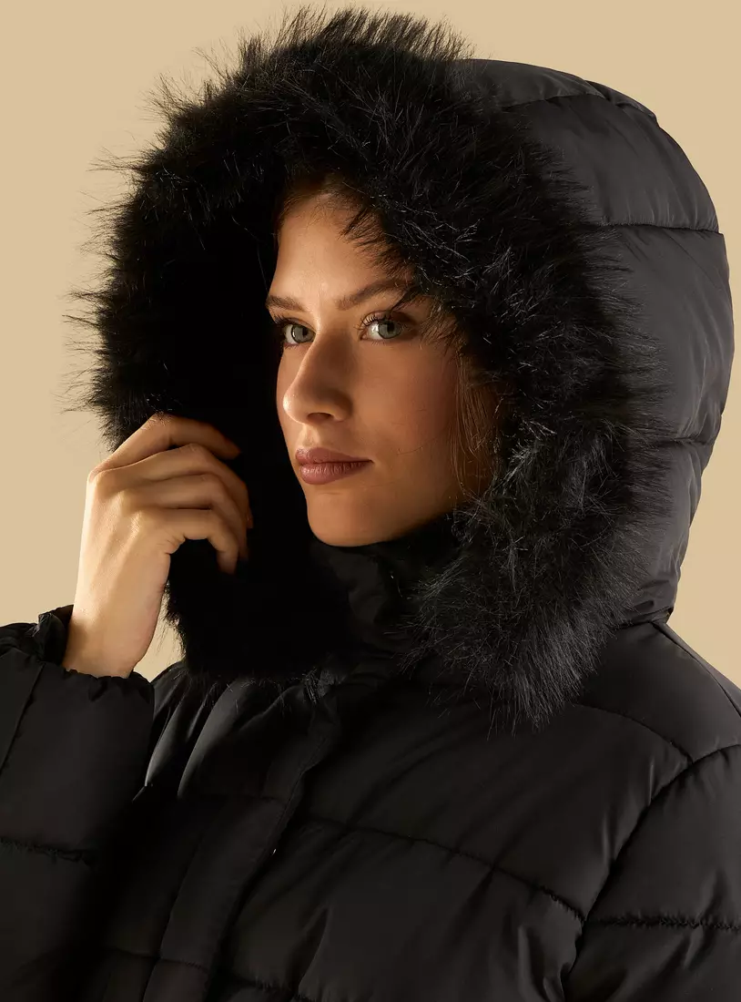 Plain Belted Puffer Jacket with Hood-7