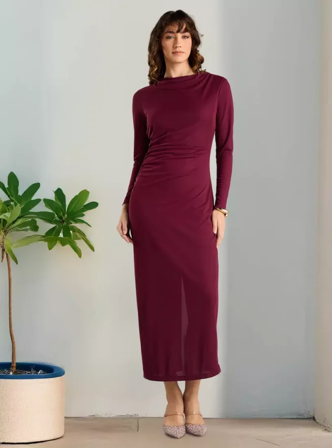 Plain Bodycon Midi Dress with Slit Detail-1