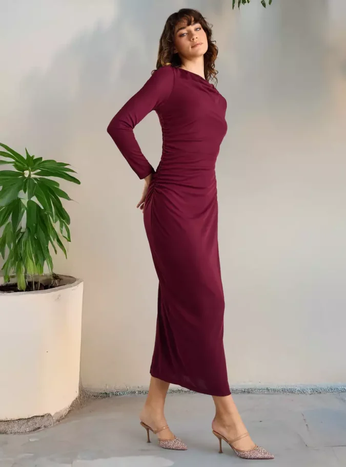 Plain Bodycon Midi Dress with Slit Detail-2