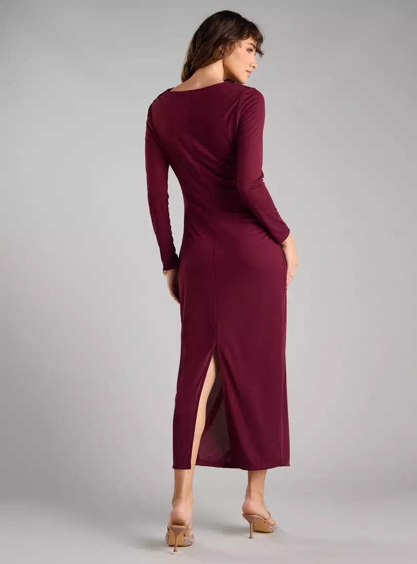 Plain Bodycon Midi Dress with Slit Detail-3
