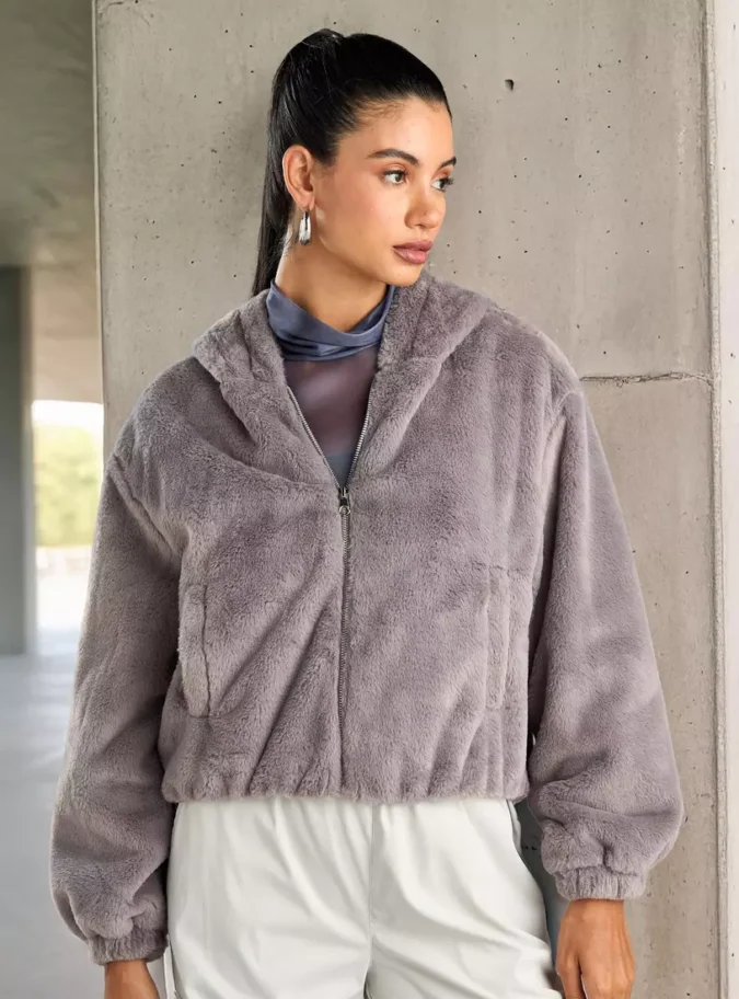 Plain Faux Fur Zip-Through Hoody-1