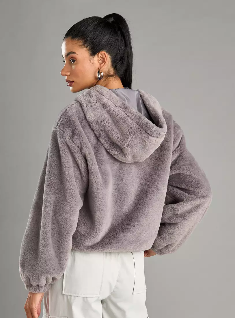 Plain Faux Fur Zip-Through Hoody-2