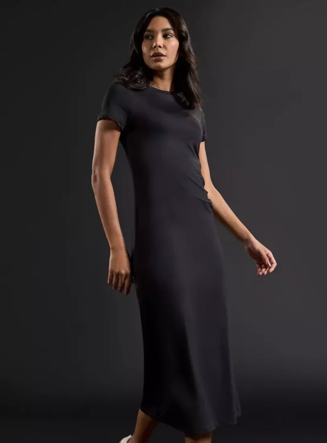 Plain Ruched Dress with Slit-1