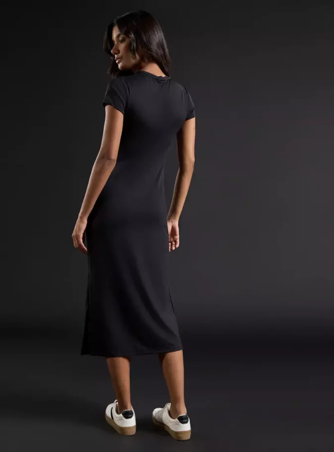 Plain Ruched Dress with Slit-2